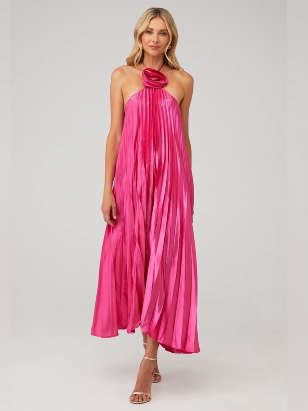 Anthropologie DELFI COLLECTIVE GISELE DRESS Halter Satin Midi Pleated Sz Small